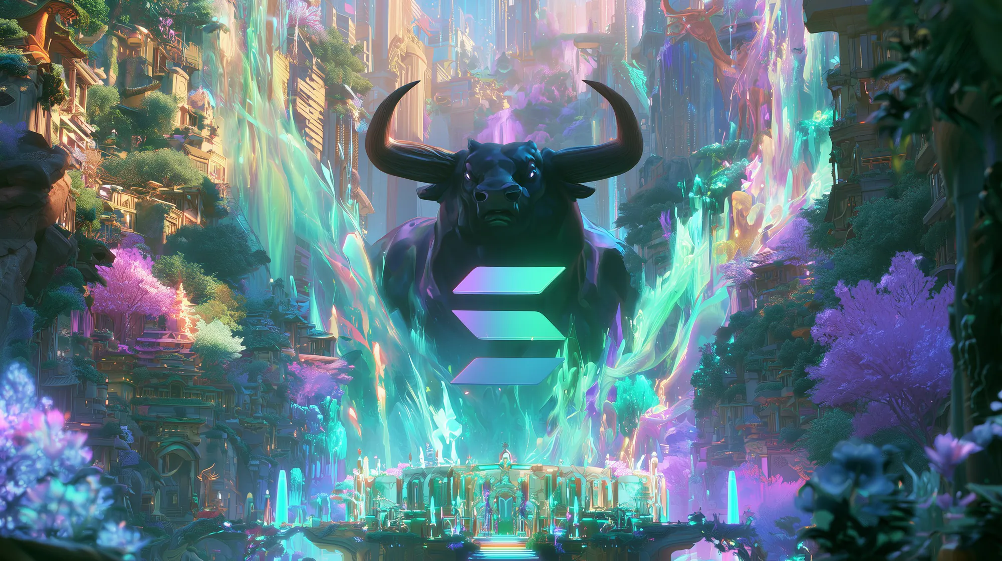 The bull standing over a luminous city, the Solana mark blazing on its chest